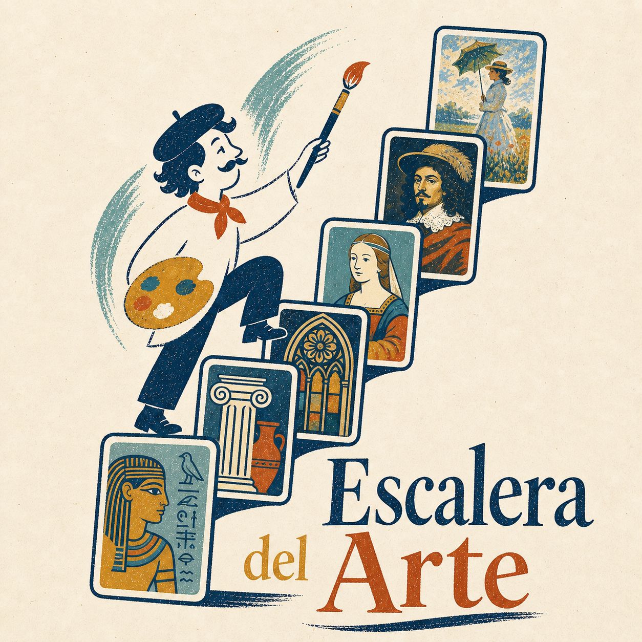 Escalera del Arte — un pintor sube por una escalera de cartas: sarcófago egipcio, columna jónica, vidriera gótica, retrato renacentista, retrato barroco, paisaje impresionista